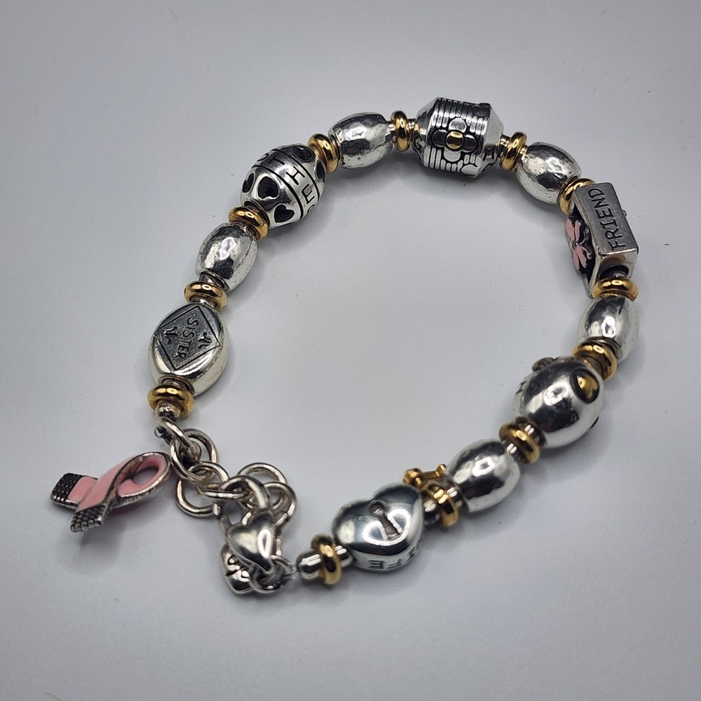 Brighton Charm Bracelet Silver Tone Pink Ribbon Sister Friend Heart 6.5in